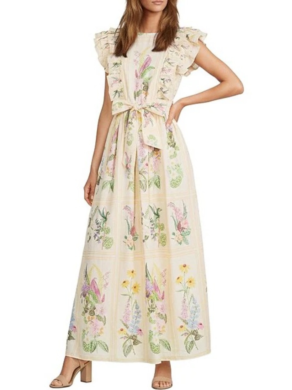A loves A - Cream Floral Maxi Dress with Ruffled Sleeves and Waist Tie
